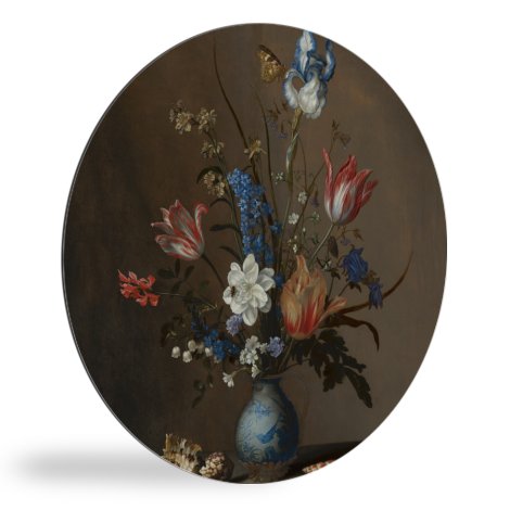 Tableau rond - Fleurs dans un vase Wan-Li et coquillages - Peinture de Balthasar van der Ast