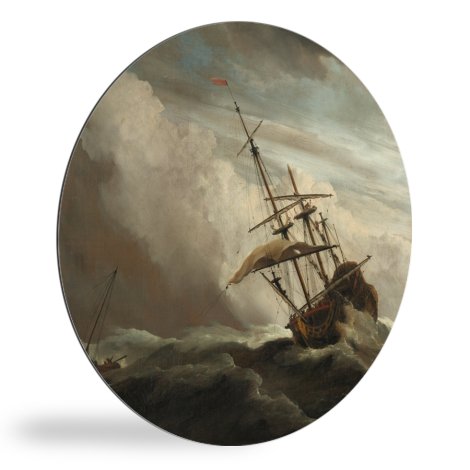 Tableau rond - Un navire en mer dans une tempête de vent - Peinture de Willem van de Velde