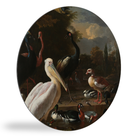 Tableau rond - Un pélican et d'autres oiseaux près d'un bassin d'eau - Peinture de Melchior d'Hondecoeter