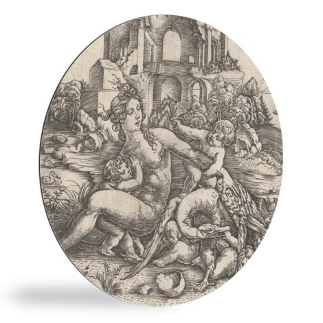 Tableau rond - Léda et le cygne avec ses quatre enfants - Peinture du Maître IB avec l'oiseau