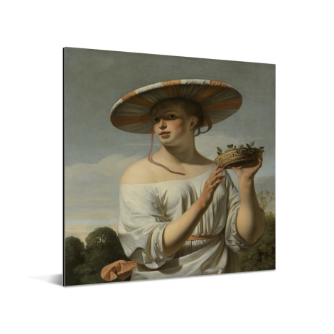 Meisje met een brede hoed - Schilderij van Caesar Boetius van Everdingen Aluminium