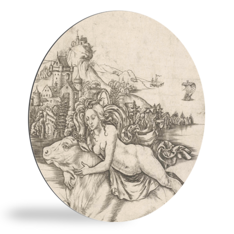 Tableau rond - Enlèvement d'Europe sur le dos de Jupiter sous la forme d'un taureau - Peinture du Maître IB avec l'oiseau