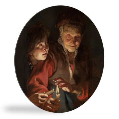 Tableau rond - Vieille femme et garçon avec des bougies - Peinture de Peter Paul Rubens
