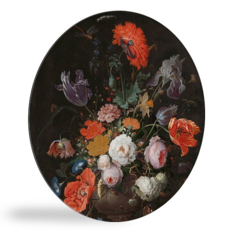Tableau rond - Nature morte avec des fleurs et une montre - Peinture d'Abraham Mignon