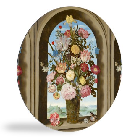 Tableau rond - Vase avec des fleurs dans une fenêtre - Peinture d'Ambrosius Bosschaert l'Ancien