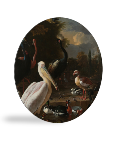 Tableau rond - Un pélican et d'autres oiseaux près d'un bassin d'eau - Peinture de Melchior d'Hondecoeter