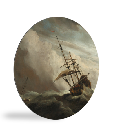 Tableau rond - Un navire en mer dans une tempête de vent - Peinture de Willem van de Velde