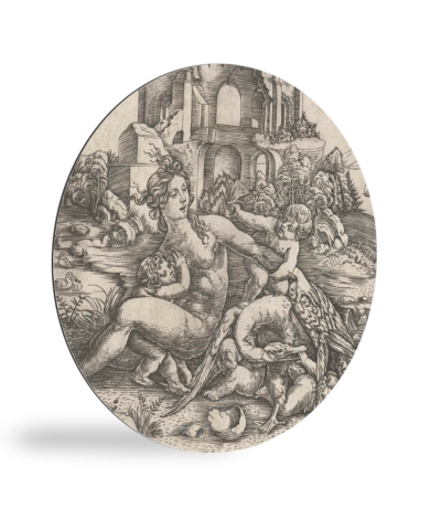 Tableau rond - Léda et le cygne avec ses quatre enfants - Peinture du Maître IB avec l'oiseau