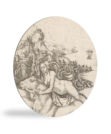 Tableau rond - Enlèvement d'Europe sur le dos de Jupiter sous la forme d'un taureau - Peinture du Maître IB avec l'oiseau