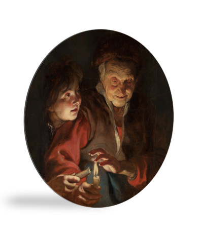 Tableau rond - Vieille femme et garçon avec des bougies - Peinture de Peter Paul Rubens