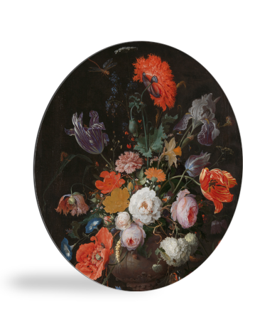 Tableau rond - Nature morte avec des fleurs et une montre - Peinture d'Abraham Mignon