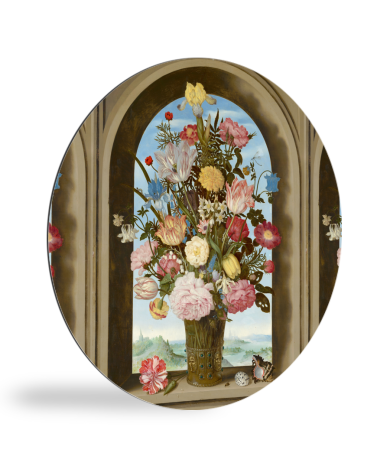 Tableau rond - Vase avec des fleurs dans une fenêtre - Peinture d'Ambrosius Bosschaert l'Ancien