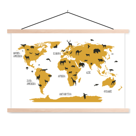 Bakkerij calcium kalender Dieren geel textielposter - Wereldkaart op schoolplaat - Wereldkaarten