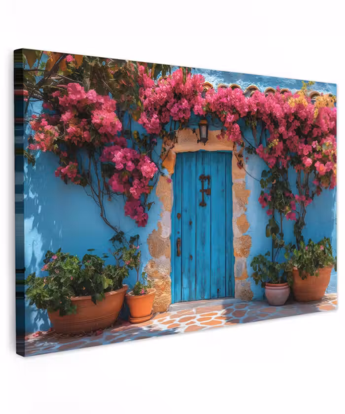 Toile extérieure - Porte - Bois - Fleurs - Bleu