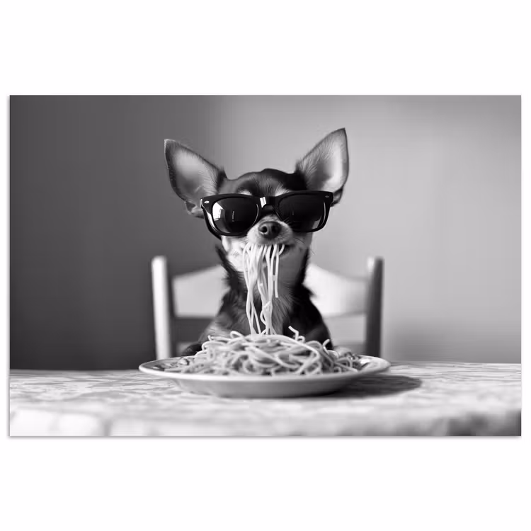 Affiche - Chihuahua - Chien - Lunettes de soleil - Humour - Noir - Blanc - Spaghetti — 1