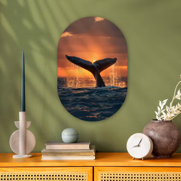 Murale ovale - Forex - Queue de baleine - Eau - Coucher de soleil — 2