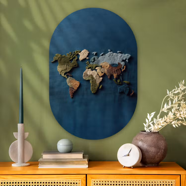 Murale ovale - Plexiglas - Carte du monde - Brodée - Différentes teintes — 2