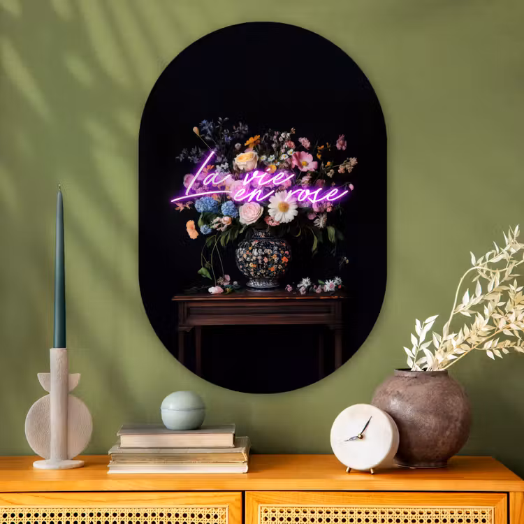 Murale ovale - Plexiglas - Néon - Vase - Fleurs — 2