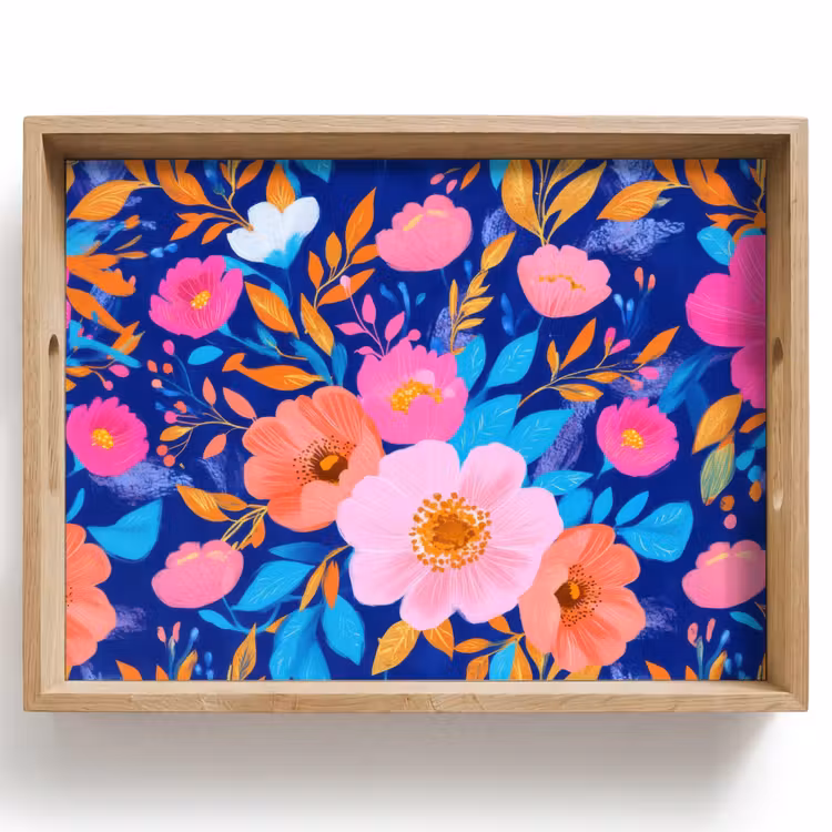 Plateau - Fleurs - Bleu - Rose — 1