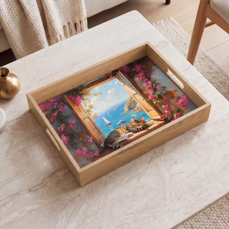 Plateau - Chat - Mer bleue - Fleurs roses — 2
