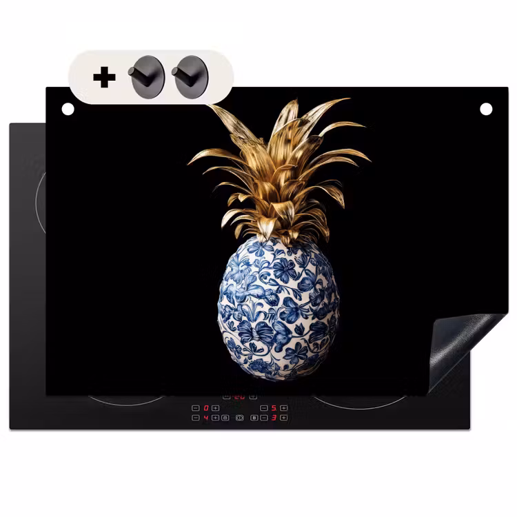 Protection plaque induction et écran anti-projections (2-en-1) - Ananas - Motif floral - Or - Delftware — 1