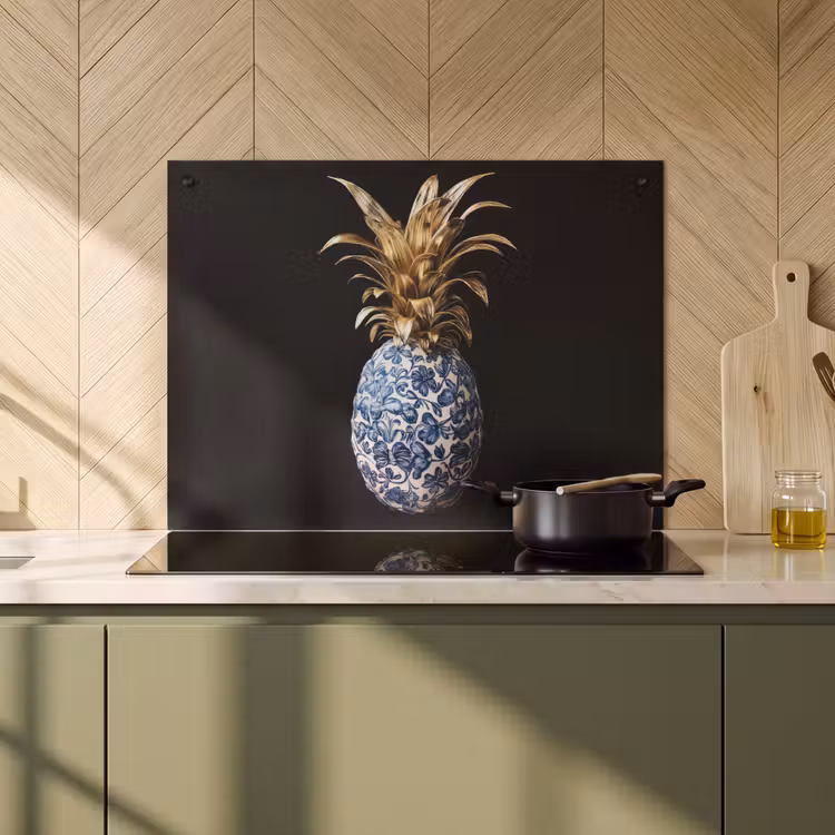 Protection plaque induction et écran anti-projections (2-en-1) - Ananas - Motif floral - Or - Delftware — 2