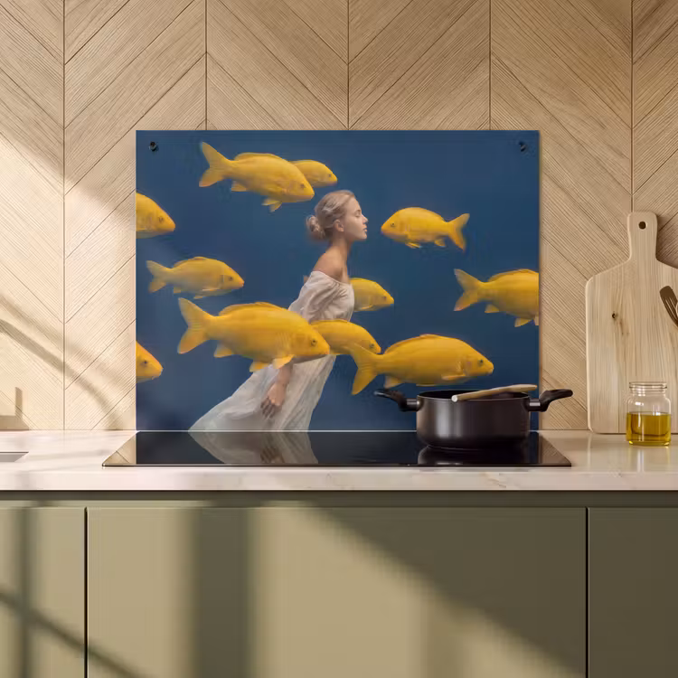 Protection plaque induction et écran anti-projections (2-en-1) - Femme - Poisson - Eau - Nature - Jaune — 2