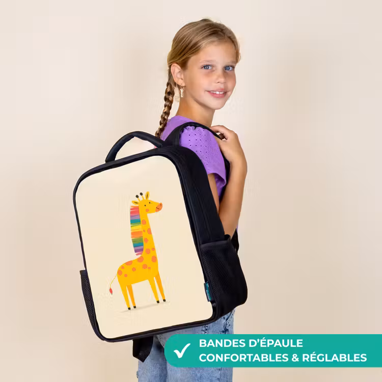 Sac à dos enfant - Noir - Girafe - Crinière arc-en-ciel - Beige — 3