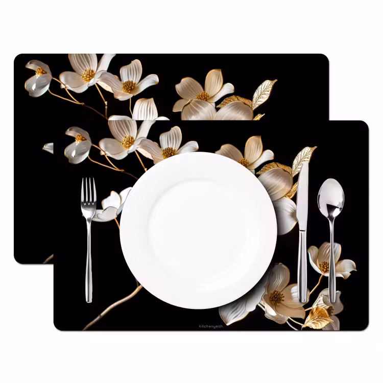 Set de table - Fleurs - Blanc - Or — 2