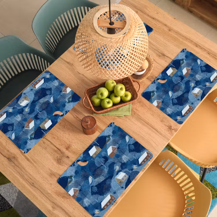 Set de table - Maisons - Oiseaux - Neige - Bleu — 4