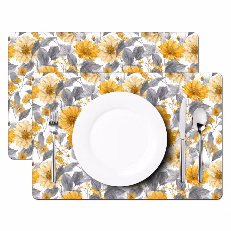 Set de table - Fleurs - Botanique - Élégant - Jaune ocre - Gris — 2