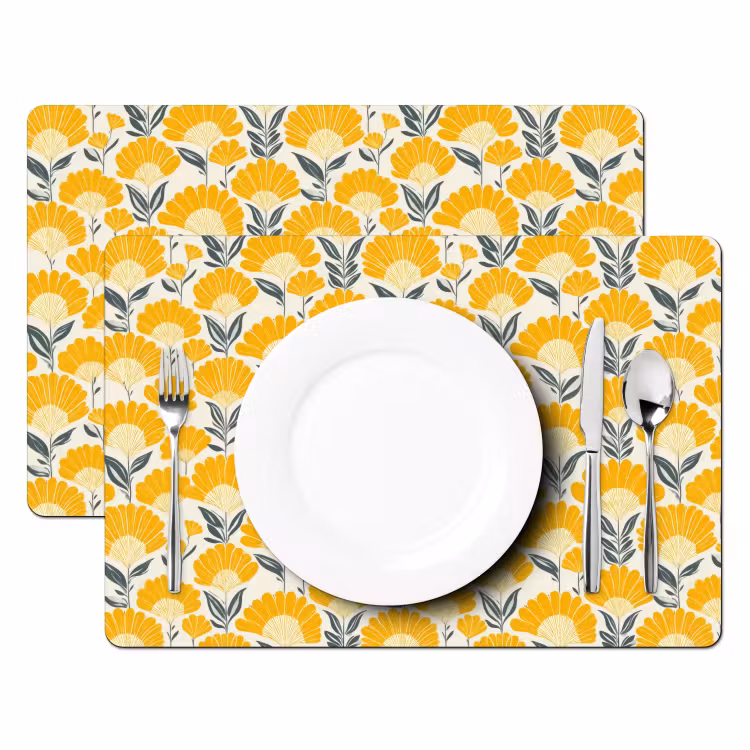 Set de table - Fleurs - Rétro - Botanique - Jaune ocre - Gris — 2