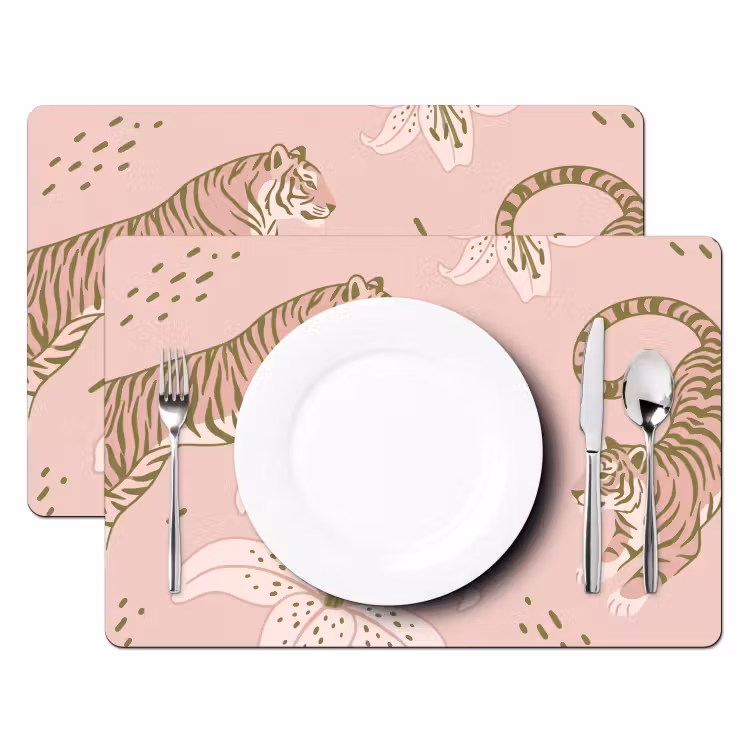 Set de table - Chat - Sautant - Fleurs - Abstrait - Rose — 2