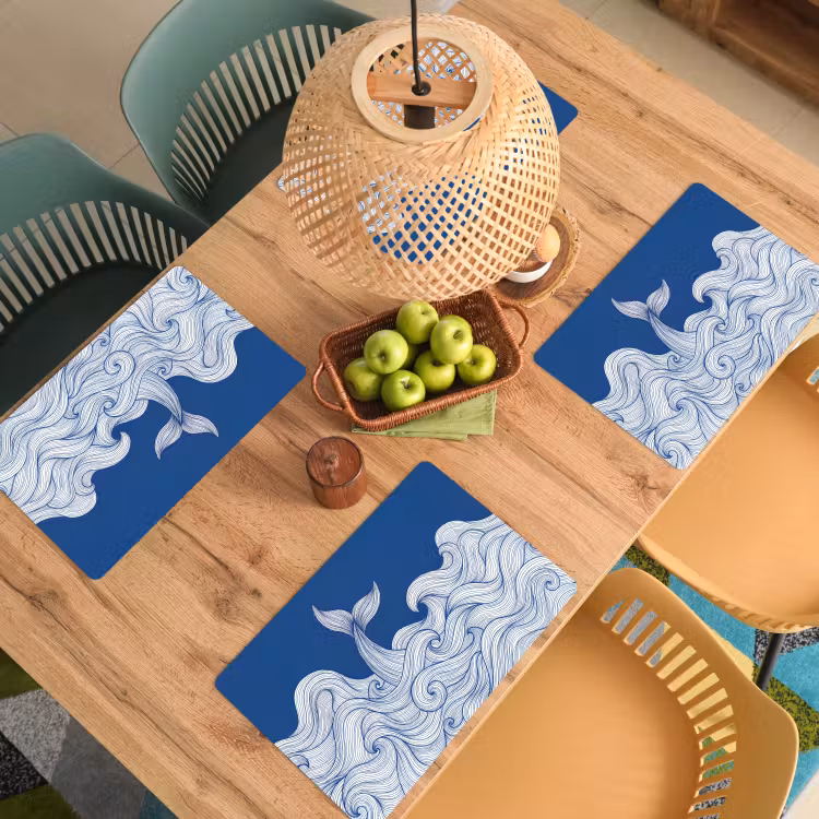 Set de table - Baleine - Queue - Vagues - Dessin au trait - Bleu — 4