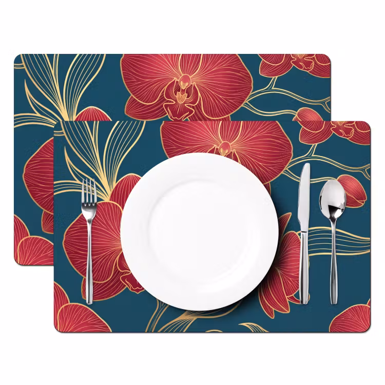 Set de table - Fleurs - Rouge - Or — 2