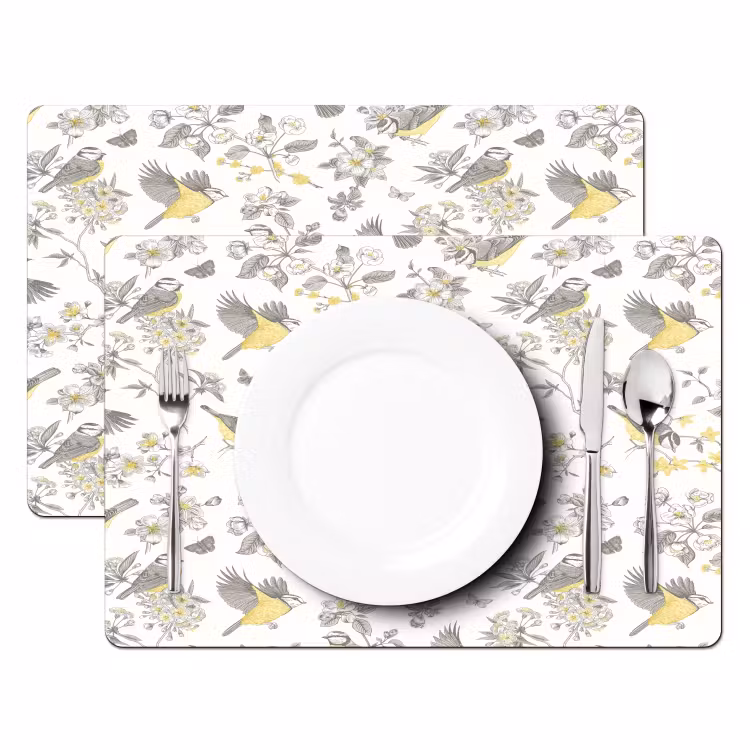 Set de table - Oiseaux - Fleurs - Gris - Jaune — 2