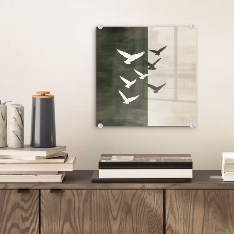 Tableau en verre - Japandi - Oiseau - Vert — 2