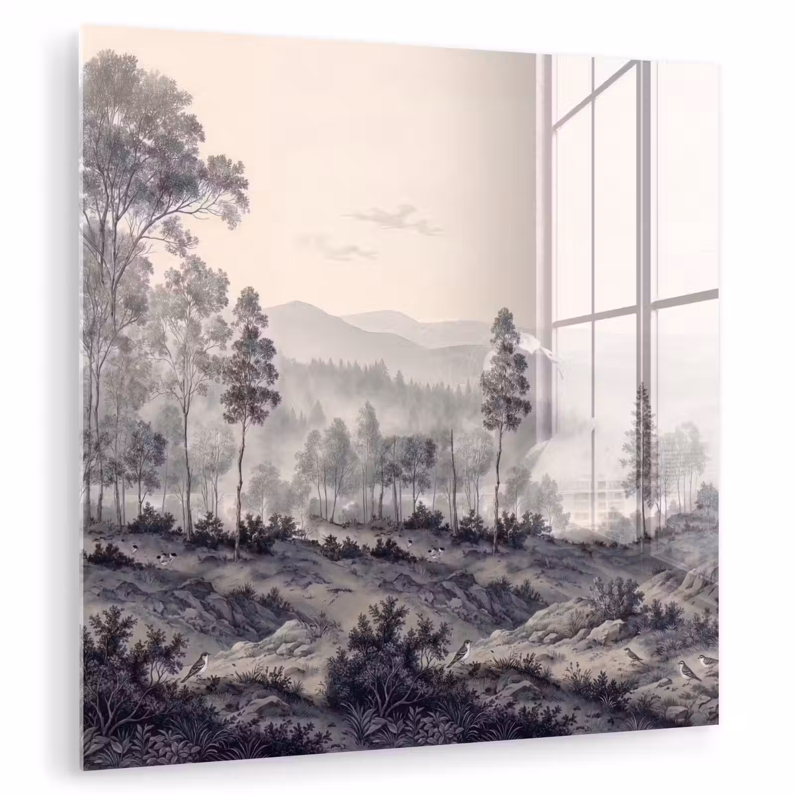 Tableau en verre - Brume - Paysage de montagne - Illustration — 1
