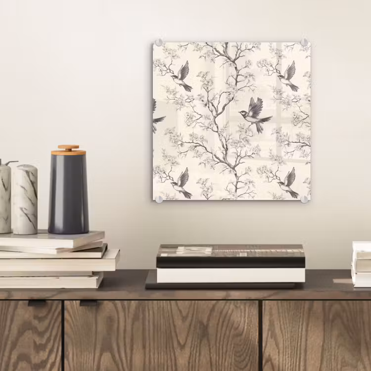 Tableau en verre - Branches - Oiseaux - Beige — 2