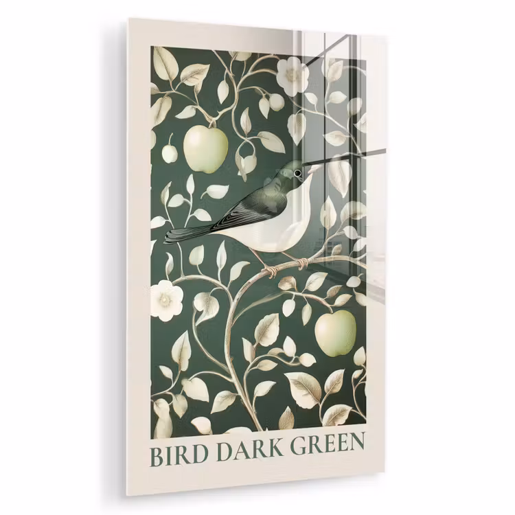 Tableau en verre - Vert - Oiseau - Fleurs — 1