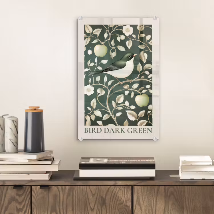 Tableau en verre - Vert - Oiseau - Fleurs — 2