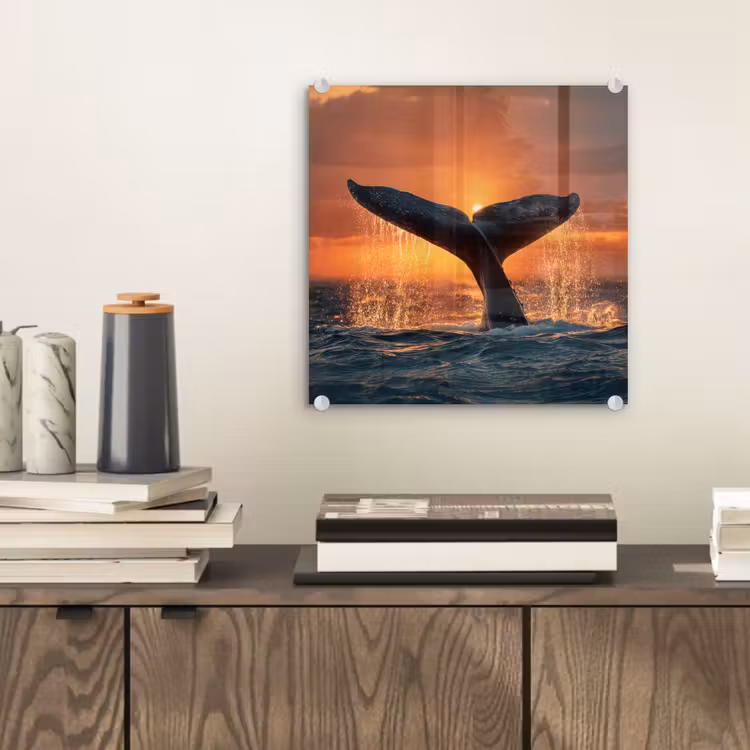 Tableau en verre - Queue de baleine - Eau - Coucher de soleil — 2