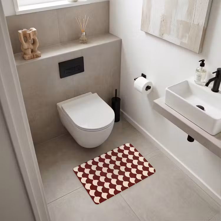 Tapis de toilettes - Rouge - Motif carreaux - Crème — 6