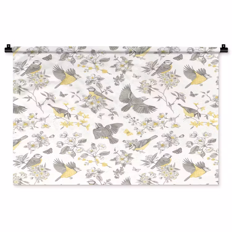 Tenture murale - Oiseaux - Fleurs - Gris - Jaune — 1