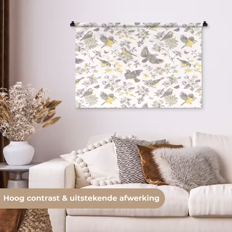 Tenture murale - Oiseaux - Fleurs - Gris - Jaune — 5