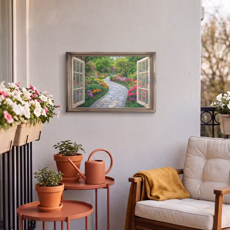 Toile extérieure - Vue - Fleurs - Chemin de jardin - Nature - Fenêtre — 3