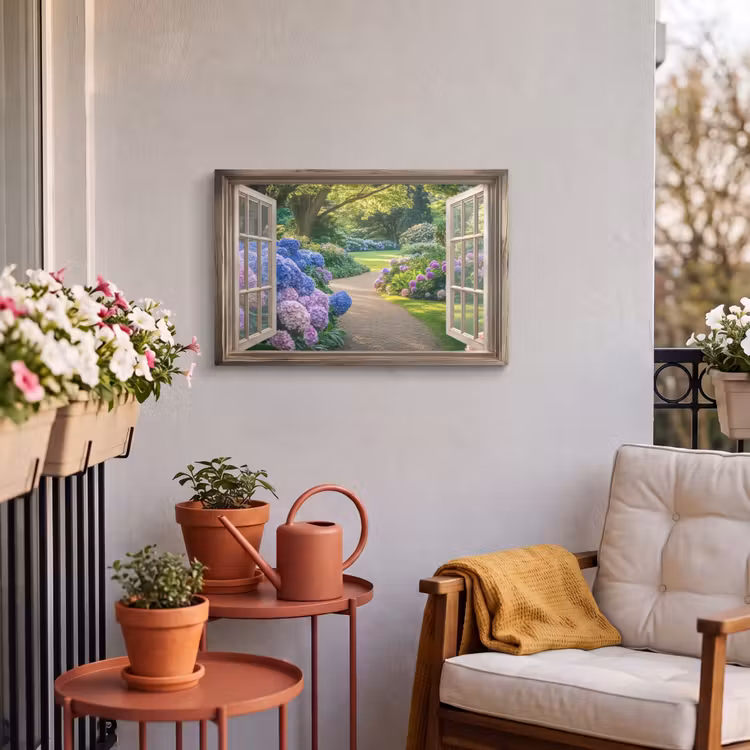 Toile extérieure - Vue - Jardin - Fenêtre - Hortensia - Fleurs — 3