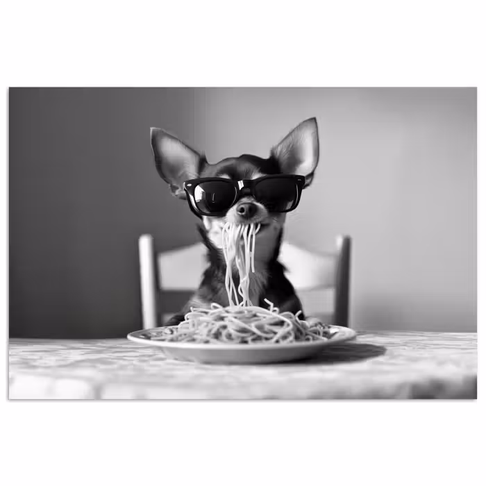 Affiche - Chihuahua - Chien - Lunettes de soleil - Humour - Noir - Blanc - Spaghetti