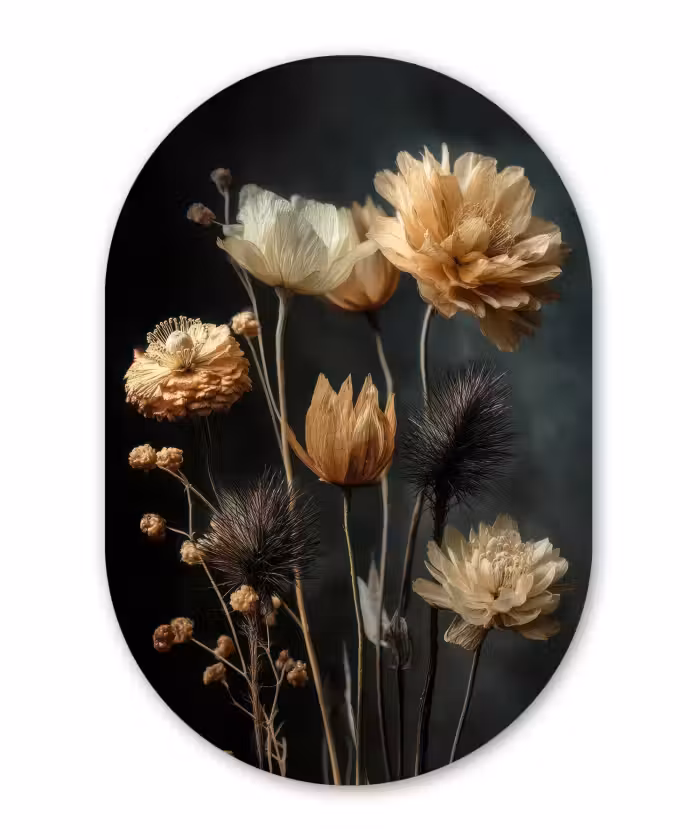 Décoration murale ovale en aluminium - Bouquet - Fleurs - Lumière - Noir