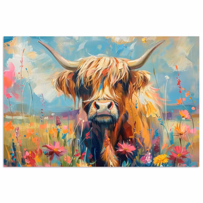 Affiche - Highlander écossais - Nature - Coloré - Fleurs